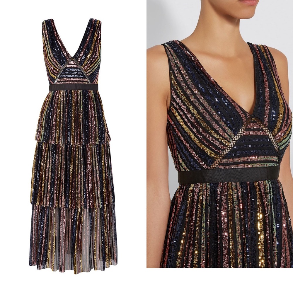 NWT Self-Portrait Tiered Striped Sequin Midi Dress